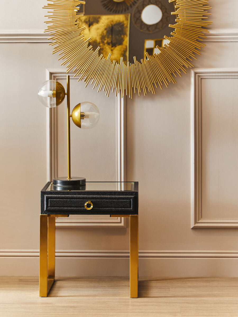 Black Shagreen Effect 1-Drawer Side Table with Brushed Matte Gold Legs and Knocker Handle, Cardoba