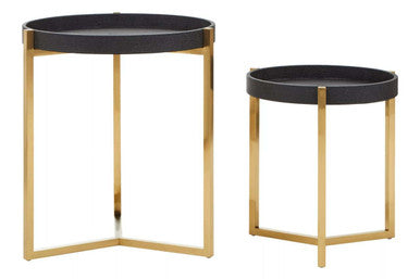Set of 2 Black Shagreen Effect Tray Tables with Gold Finish Legs and Raised Edges, Cardoba