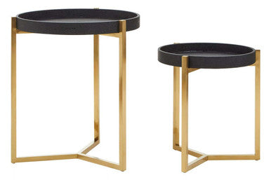 Set of 2 Black Shagreen Effect Tray Tables with Gold Finish Legs and Raised Edges, Cardoba