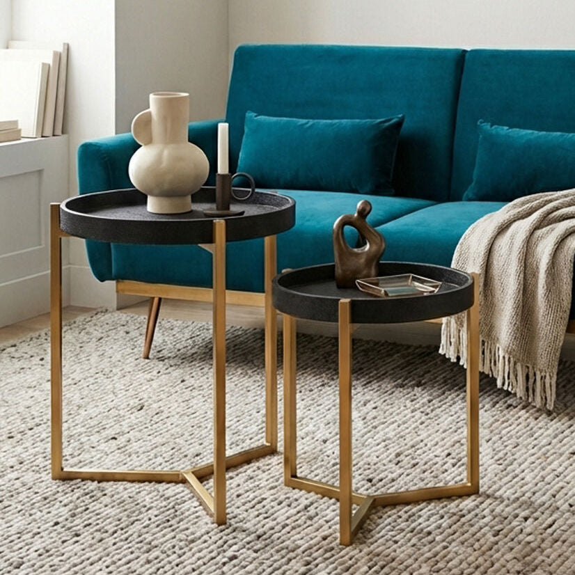 Set of 2 Black Shagreen Effect Tray Tables with Gold Finish Legs and Raised Edges, Cardoba