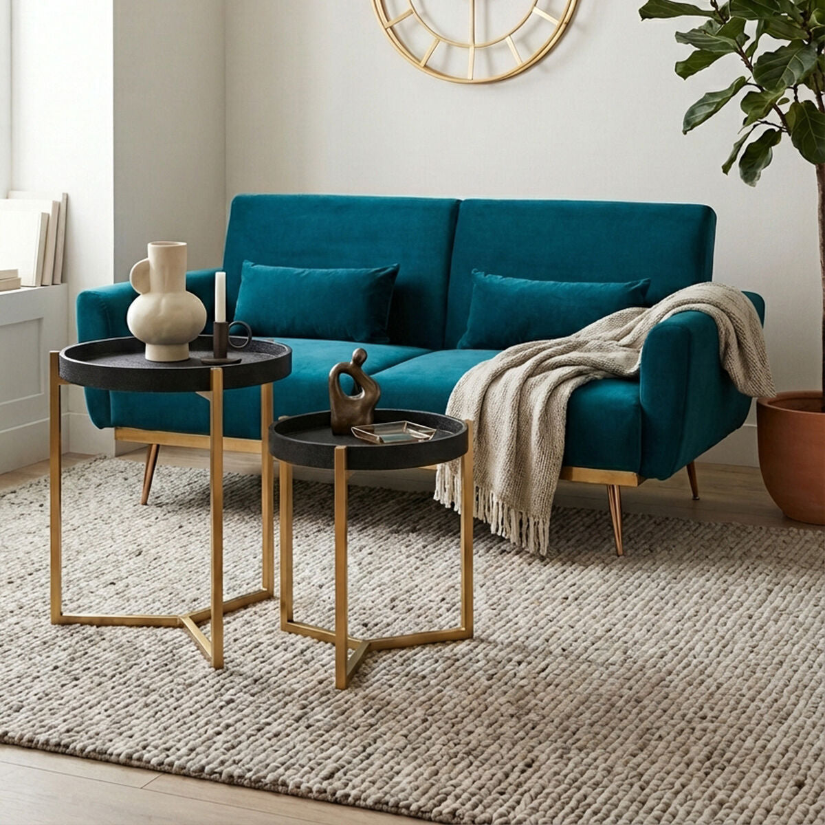 Set of 2 Black Shagreen Effect Tray Tables with Gold Finish Legs and Raised Edges, Cardoba