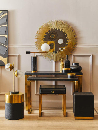 Cardoba Black Shagreen Effect Side Table or Stool with Gold Finish Top