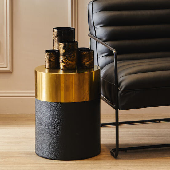 Cardoba Black Shagreen Effect Side Table or Stool with Gold Finish Top