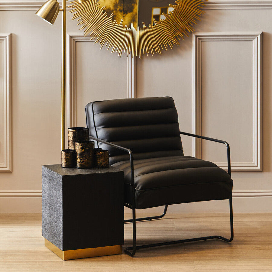 Black Shagreen Effect Square Top Side Table and Stool with Gold Metal Base, Cardoba