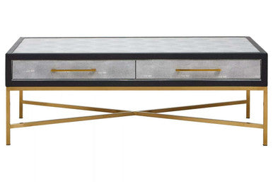 Grey Shagreen Effect Coffee Table with Two Drawers and Brushed Matte Gold Cross Leg Frame, Cadiz