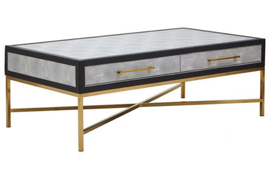 Grey Shagreen Effect Coffee Table with Two Drawers and Brushed Matte Gold Cross Leg Frame, Cadiz