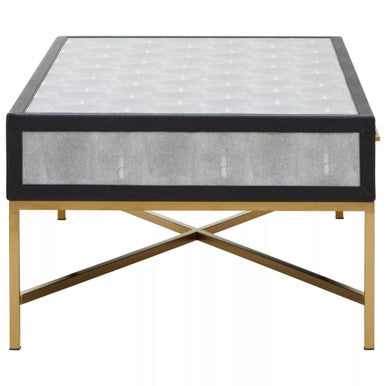 Grey Shagreen Effect Coffee Table with Two Drawers and Brushed Matte Gold Cross Leg Frame, Cadiz