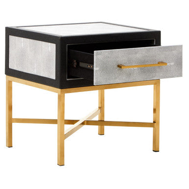 Grey Faux Shagreen 1-Drawer Side Table with Brushed Matte Gold Cross Legs and Black Border, Cadiz