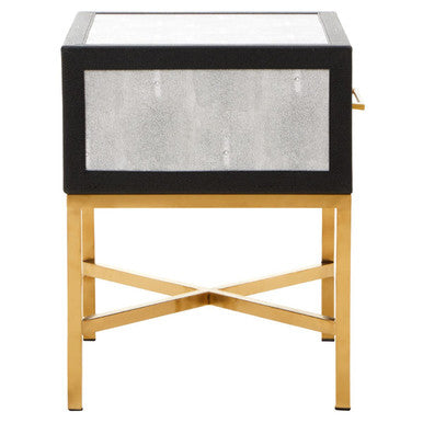 Grey Faux Shagreen 1-Drawer Side Table with Brushed Matte Gold Cross Legs and Black Border, Cadiz