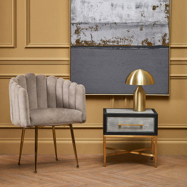 Grey Faux Shagreen 1-Drawer Side Table with Brushed Matte Gold Cross Legs and Black Border, Cadiz