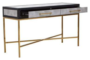 Grey Shagreen Effect 2-Drawer Console Table with Brushed Matte Gold Cross Leg Frame, Cadiz