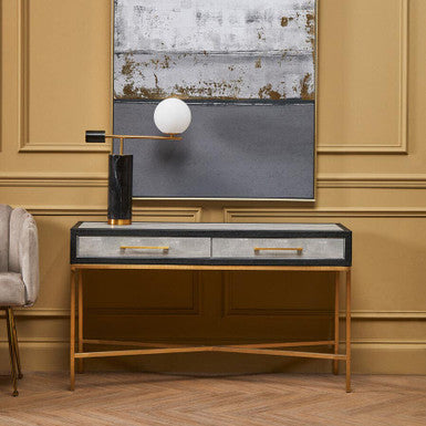 Grey Shagreen Effect 2-Drawer Console Table with Brushed Matte Gold Cross Leg Frame, Cadiz
