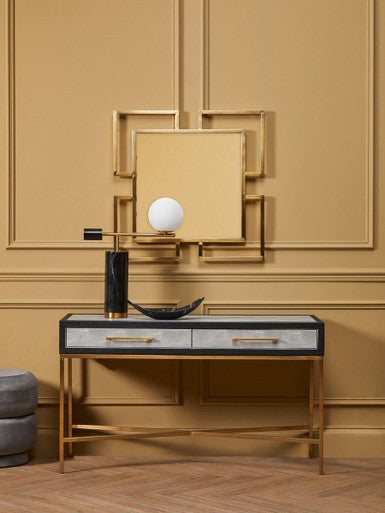 Grey Shagreen Effect 2-Drawer Console Table with Brushed Matte Gold Cross Leg Frame, Cadiz
