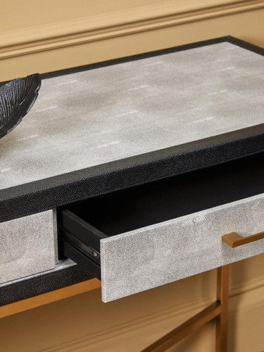 Grey Shagreen Effect 2-Drawer Console Table with Brushed Matte Gold Cross Leg Frame, Cadiz