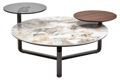 Green and Grey Marble Effect Ceramic Top 3 Tier Coffee Table with Grey Glass & Eucalyptus Veneer Shelves, Imperia