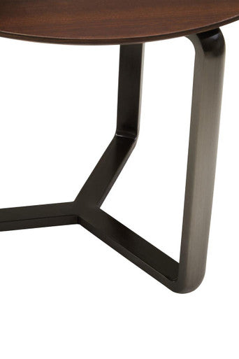 Brown Marble Effect Ceramic Top Round 2-Tier Coffee Table with Eucalyptus Veneer Lower Shelf and Black Metal Legs, Imperia