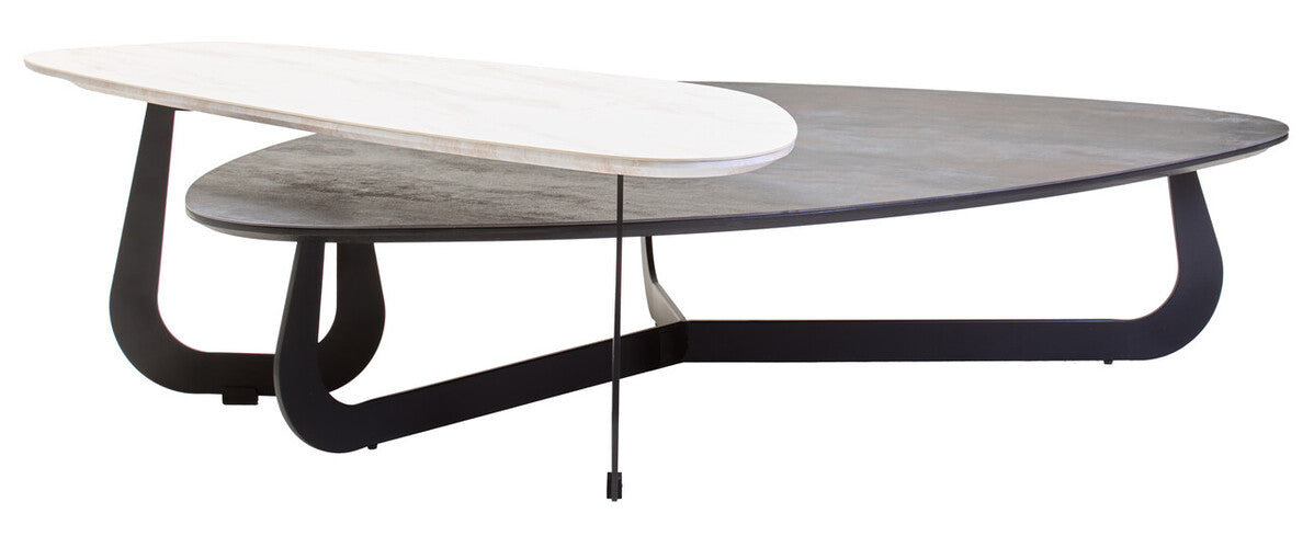 Grey and White Marble Effect Ceramic Tops Large 2-Tier Asymmetrical Coffee Table with Black Metal Base, Imperia