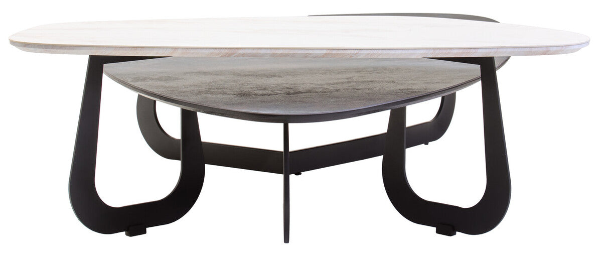 Grey and White Marble Effect Ceramic Tops Large 2-Tier Asymmetrical Coffee Table with Black Metal Base, Imperia