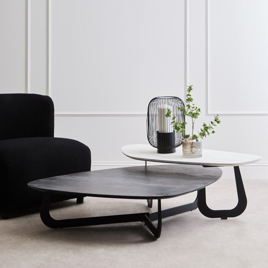 Grey and White Marble Effect Ceramic Tops Large 2-Tier Asymmetrical Coffee Table with Black Metal Base, Imperia