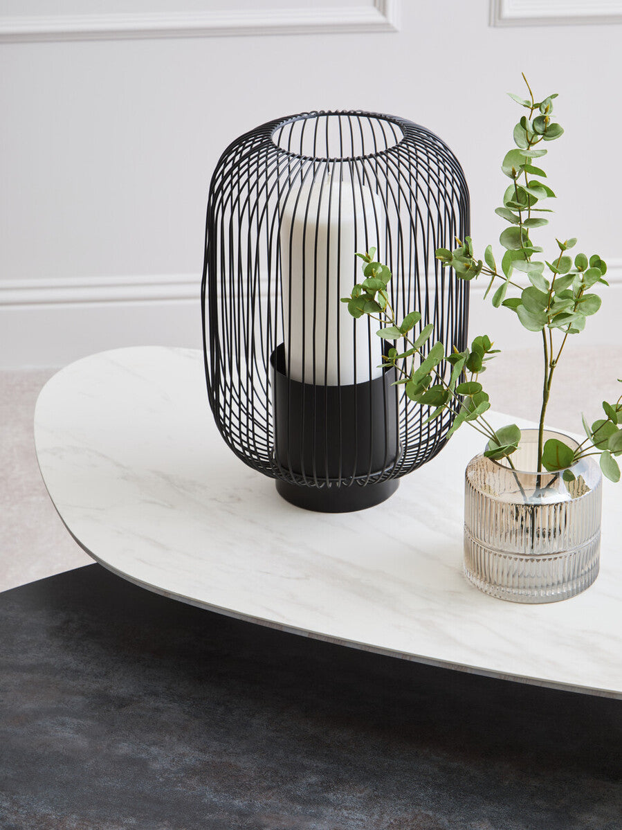 Grey and White Marble Effect Ceramic Tops Large 2-Tier Asymmetrical Coffee Table with Black Metal Base, Imperia