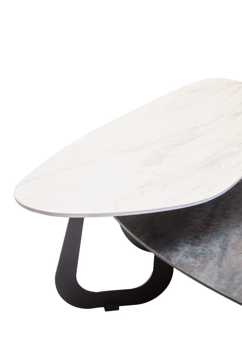 Grey and White Marble Effect Ceramic Tops Large 2-Tier Asymmetrical Coffee Table with Black Metal Base, Imperia