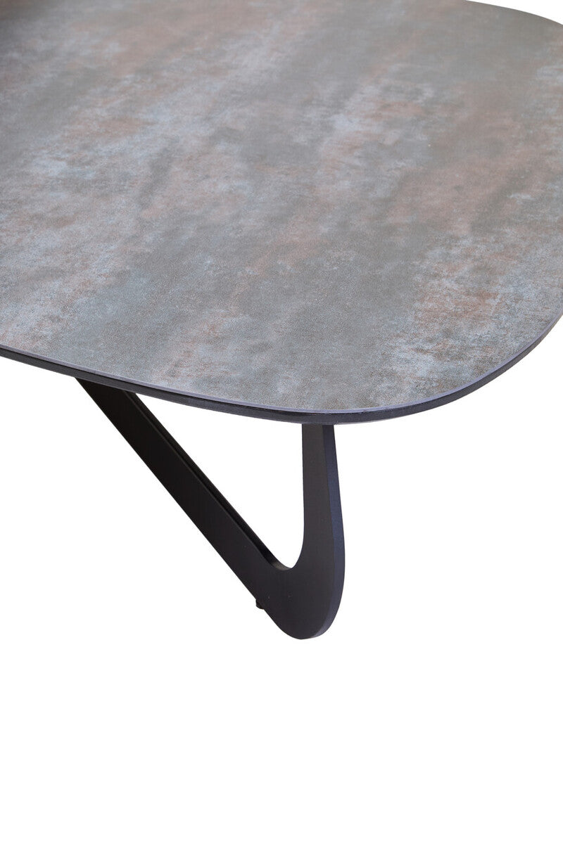 Grey and White Marble Effect Ceramic Tops Large 2-Tier Asymmetrical Coffee Table with Black Metal Base, Imperia