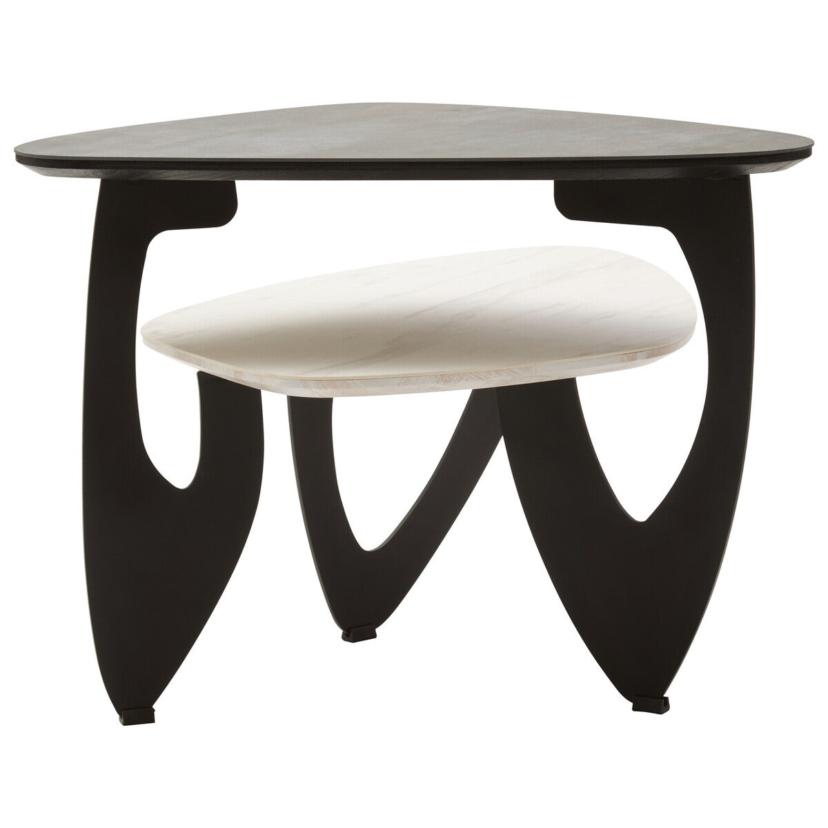 Grey and White Marble Effect Ceramic Tops Small 2-Tier Asymmetrical Coffee Table with Black Metal Base, Imperia
