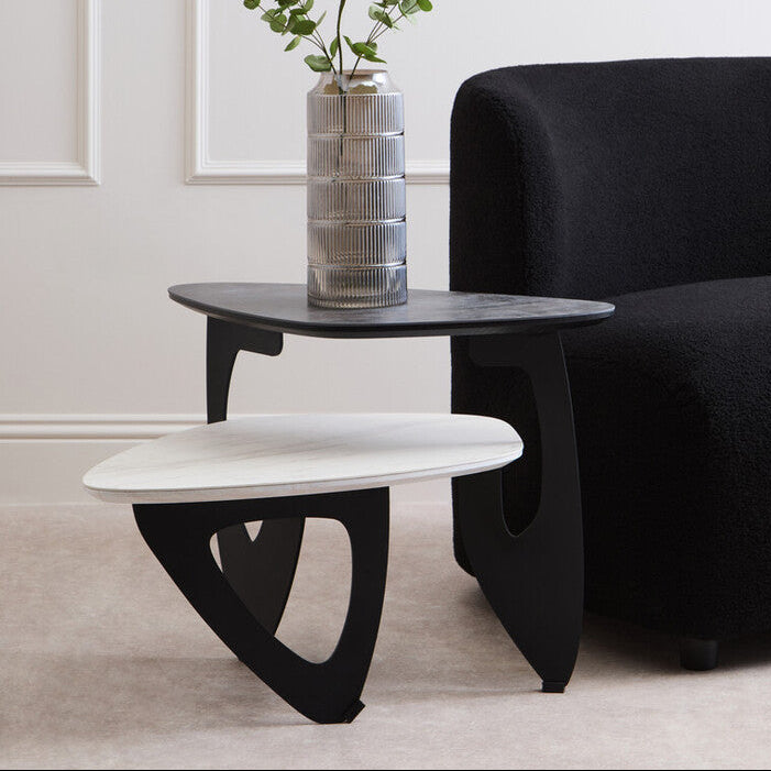 Grey and White Marble Effect Ceramic Tops Small 2-Tier Asymmetrical Coffee Table with Black Metal Base, Imperia