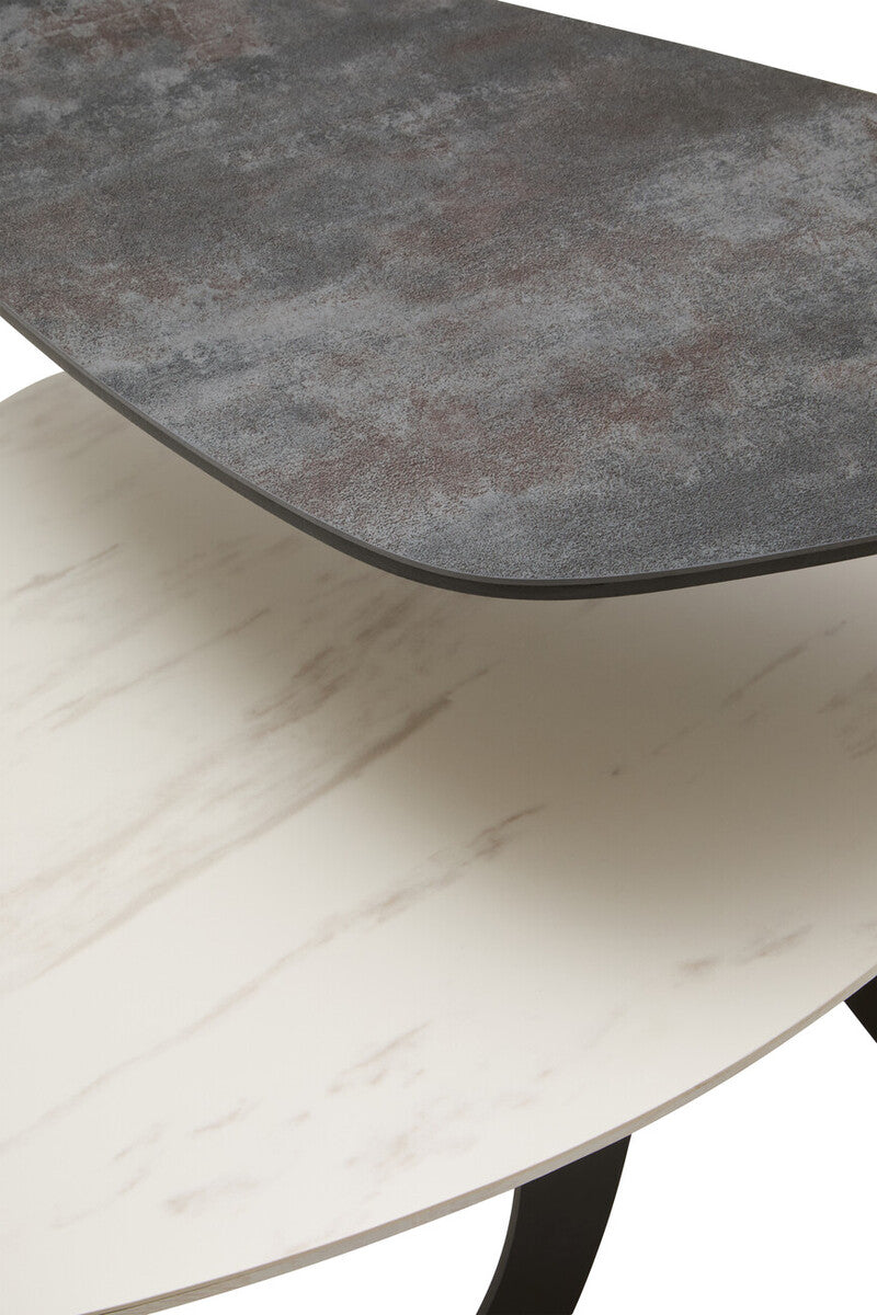 Grey and White Marble Effect Ceramic Tops Small 2-Tier Asymmetrical Coffee Table with Black Metal Base, Imperia