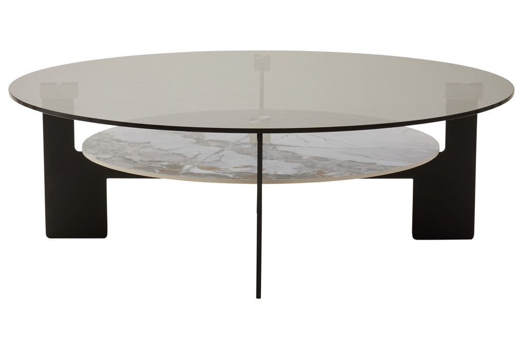Grey Glass Large Round Top Coffee Table with Marble Effect Ceramic Lower Shelf and Black Metal Frame | Imperia