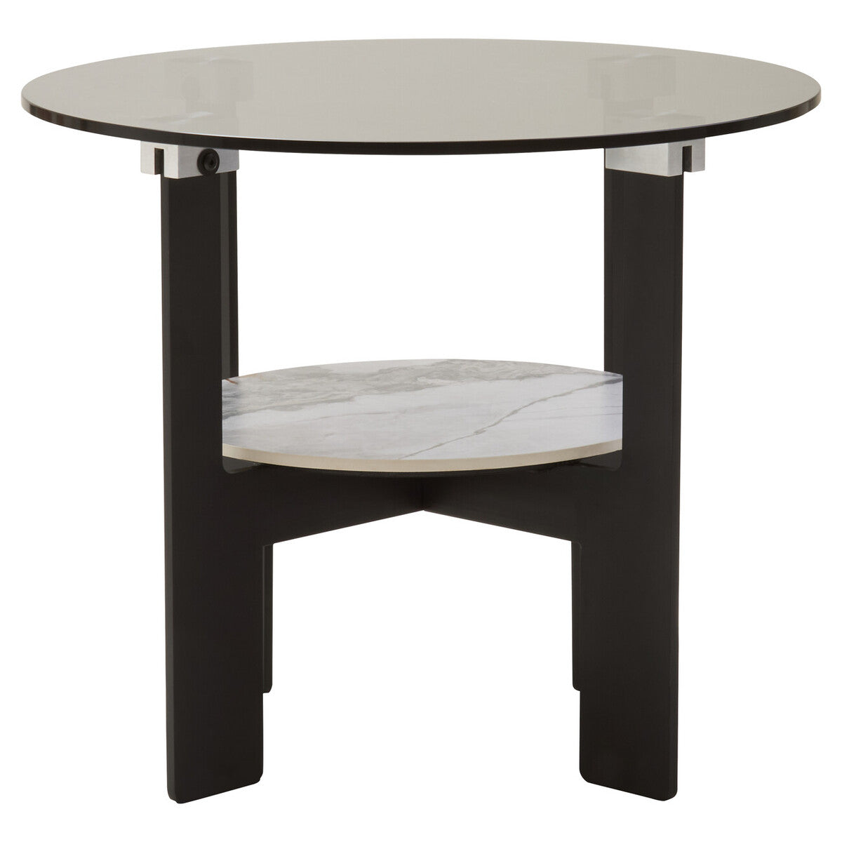 Grey Glass Round Top Coffee Table with Marble Effect Ceramic Shelf and Black Metal Legs, Imperia