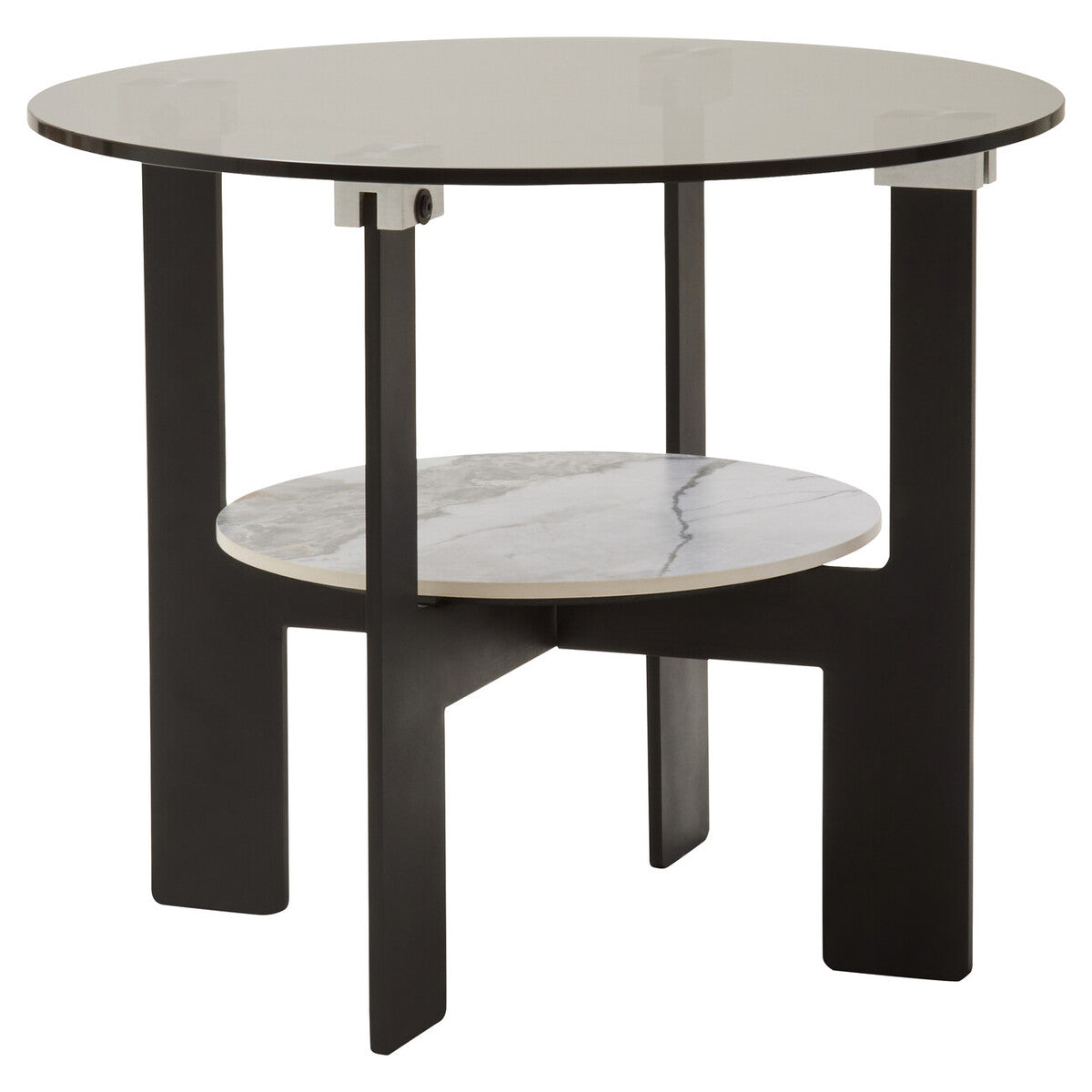 Grey Glass Round Top Coffee Table with Marble Effect Ceramic Shelf and Black Metal Legs, Imperia