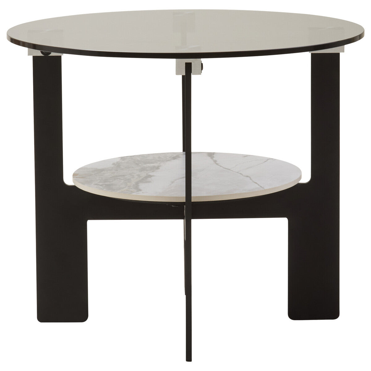 Grey Glass Round Top Coffee Table with Marble Effect Ceramic Shelf and Black Metal Legs, Imperia