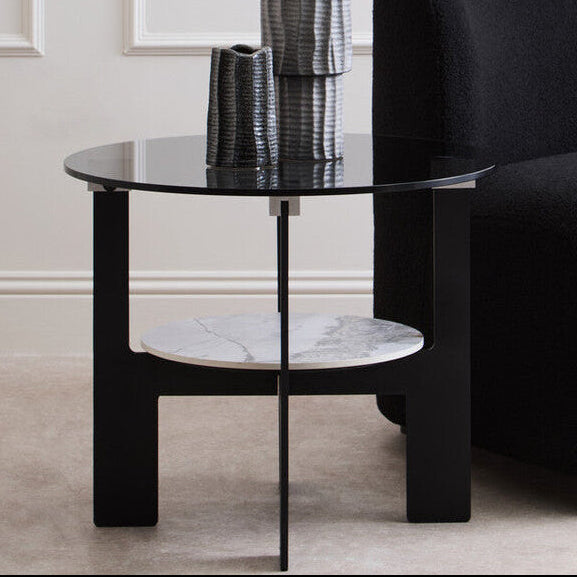 Grey Glass Round Top Coffee Table with Marble Effect Ceramic Shelf and Black Metal Legs, Imperia