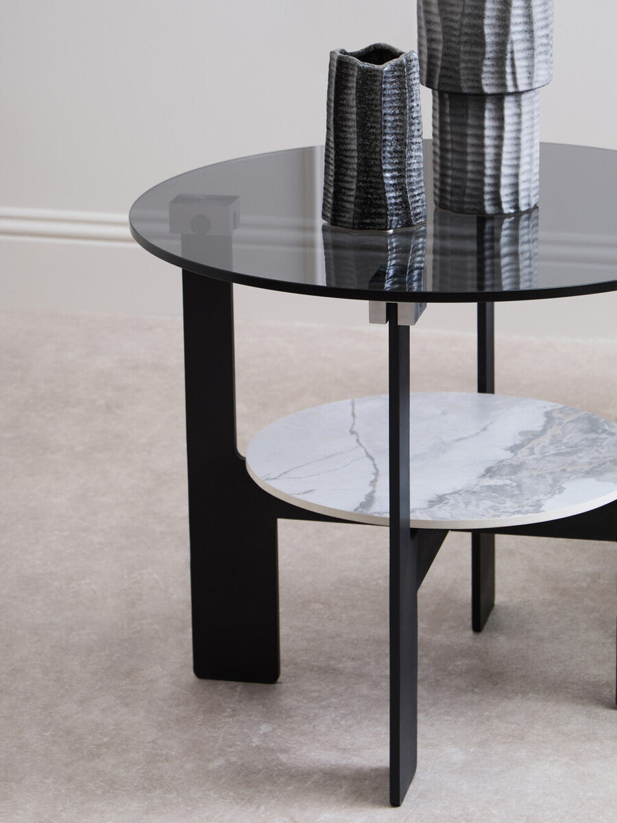 Grey Glass Round Top Coffee Table with Marble Effect Ceramic Shelf and Black Metal Legs, Imperia