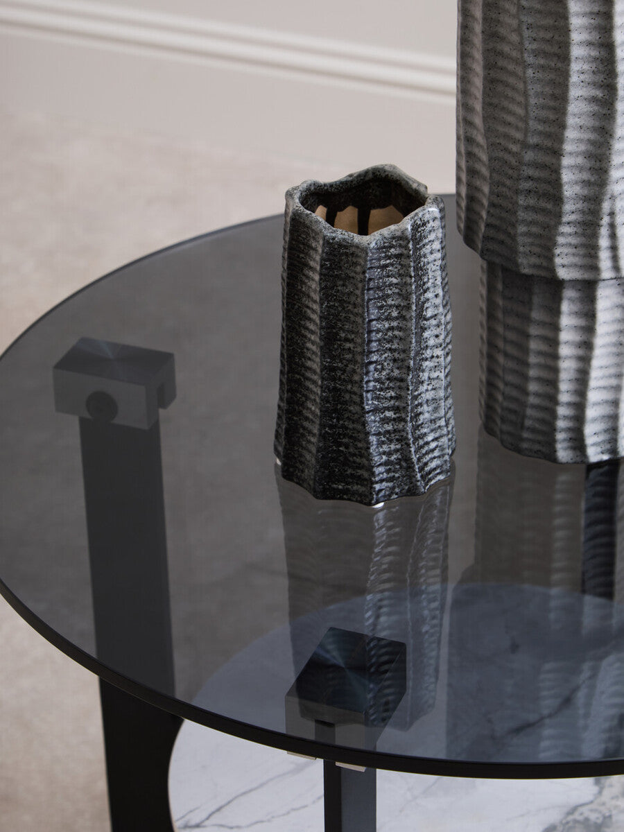 Grey Glass Round Top Coffee Table with Marble Effect Ceramic Shelf and Black Metal Legs, Imperia