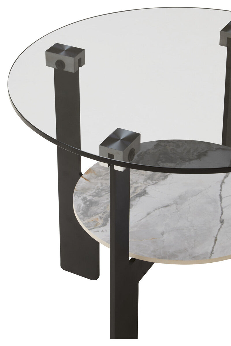 Grey Glass Round Top Coffee Table with Marble Effect Ceramic Shelf and Black Metal Legs, Imperia
