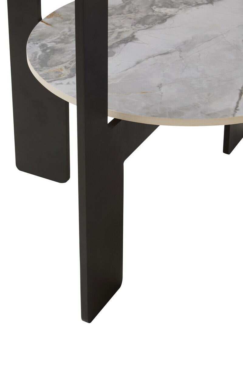 Grey Glass Round Top Coffee Table with Marble Effect Ceramic Shelf and Black Metal Legs, Imperia