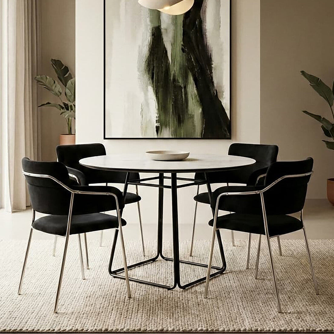 White Ceramic Marble Effect Round Top Dining Table with Black Metal Base, Imperia