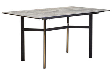 Grey Marble Effect Ceramic Top Dining Table with Black Metal Legs and Gold Detail, Imperia