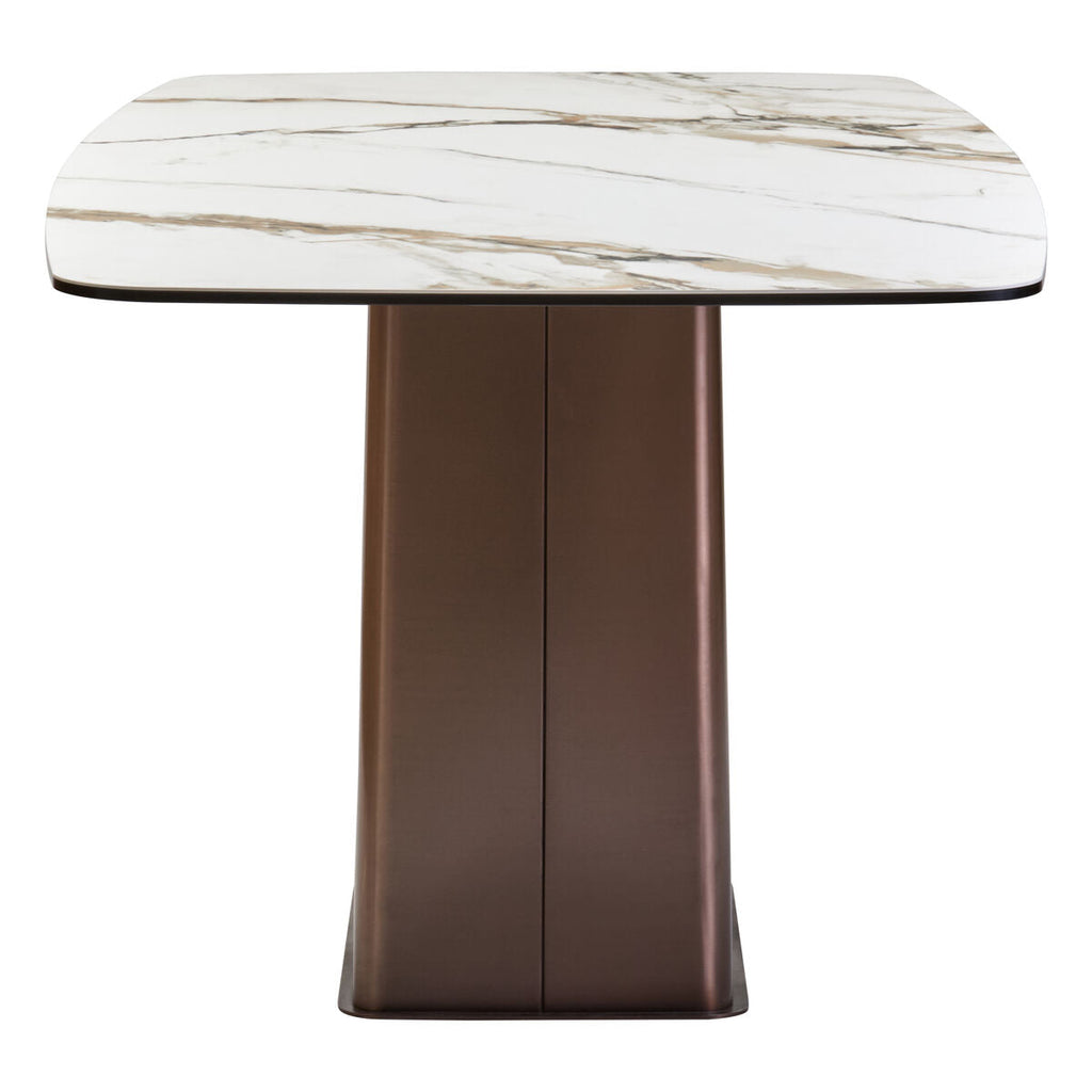 White Marble Effect Ceramic Rectangular Dining Table with Brushed Bronze Steel Column Base | Imperia