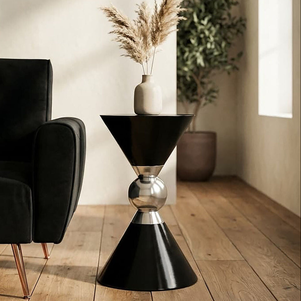 Black and Silver Geometric Round Side Table with Symmetric Design, Jaipur