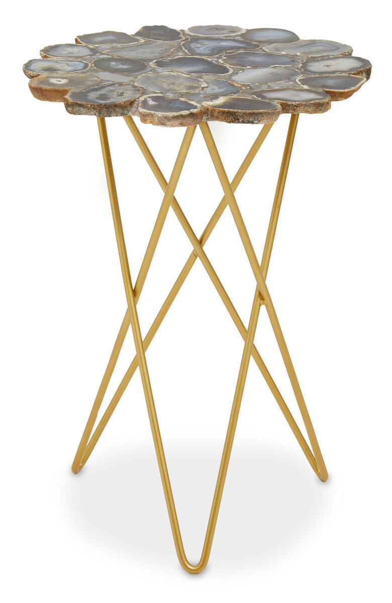 Agate Top Side Table with Gold Finish Trim and Hairpin Metal Legs, Jaipur