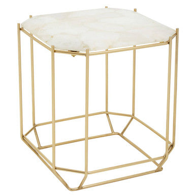 White Octagonal Stone Quartz Top Side Table with Warm Metallic Angular Base, Jaipur