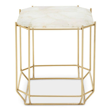 White Octagonal Stone Quartz Top Side Table with Warm Metallic Angular Base, Jaipur