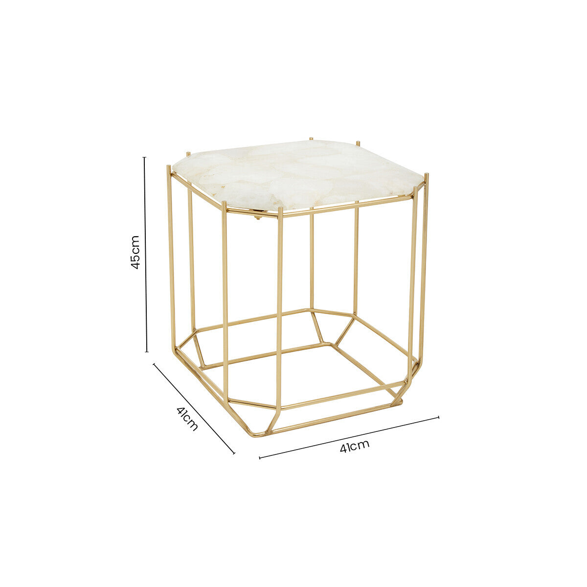 White Octagonal Stone Quartz Top Side Table with Warm Metallic Angular Base, Jaipur