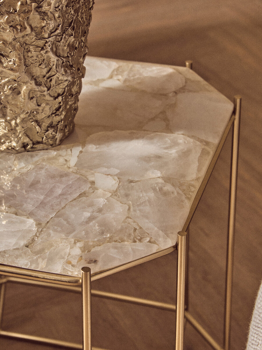 White Octagonal Stone Quartz Top Side Table with Warm Metallic Angular Base, Jaipur