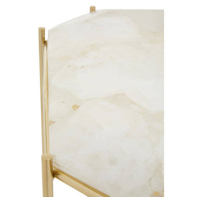 White Octagonal Stone Quartz Top Side Table with Warm Metallic Angular Base, Jaipur
