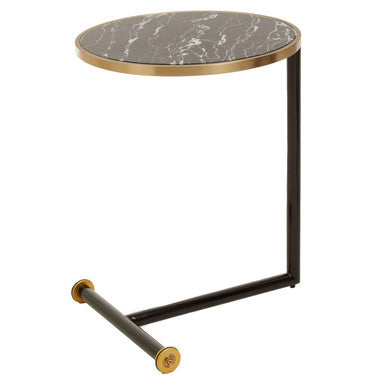 Black Marble Effect Glass Top Side Table with Gold Rim and Gold Feet, Oria