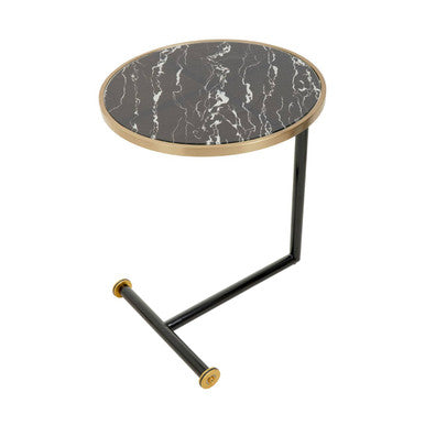 Black Marble Effect Glass Top Side Table with Gold Rim and Gold Feet, Oria